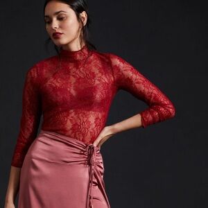 By Anthropologie Red Semi Sheet Lace Layering Turtleneck | XL